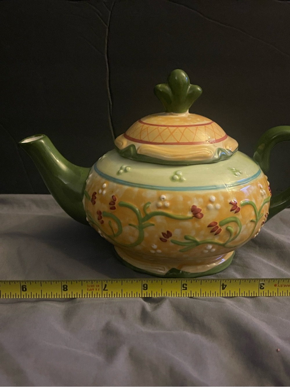 Vintage Pier 1 Yellow and Green Floral Ceramic Teapot with Raised Motif